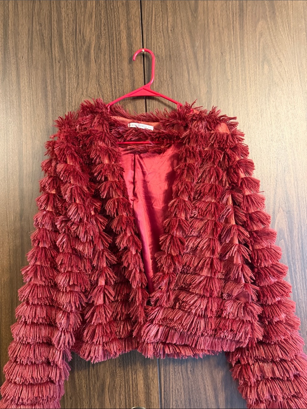 Women's Burgundy Fringe Teddy Jacket - Stylish Layered Coat